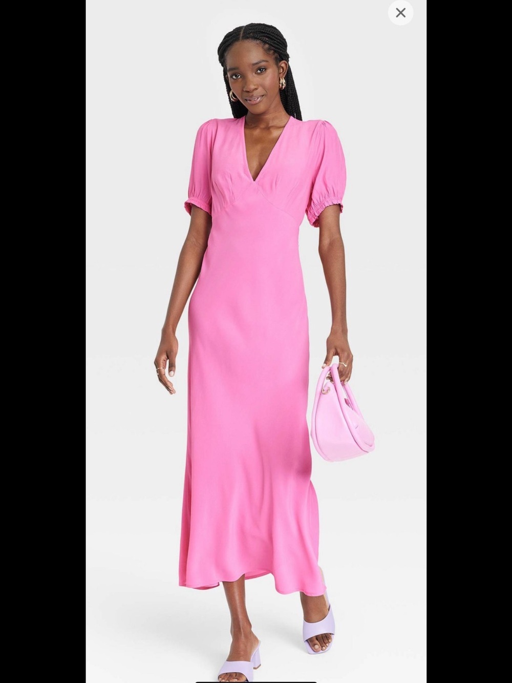 A new day Pink V-Neck Midi Dress with Puff Sleeves small